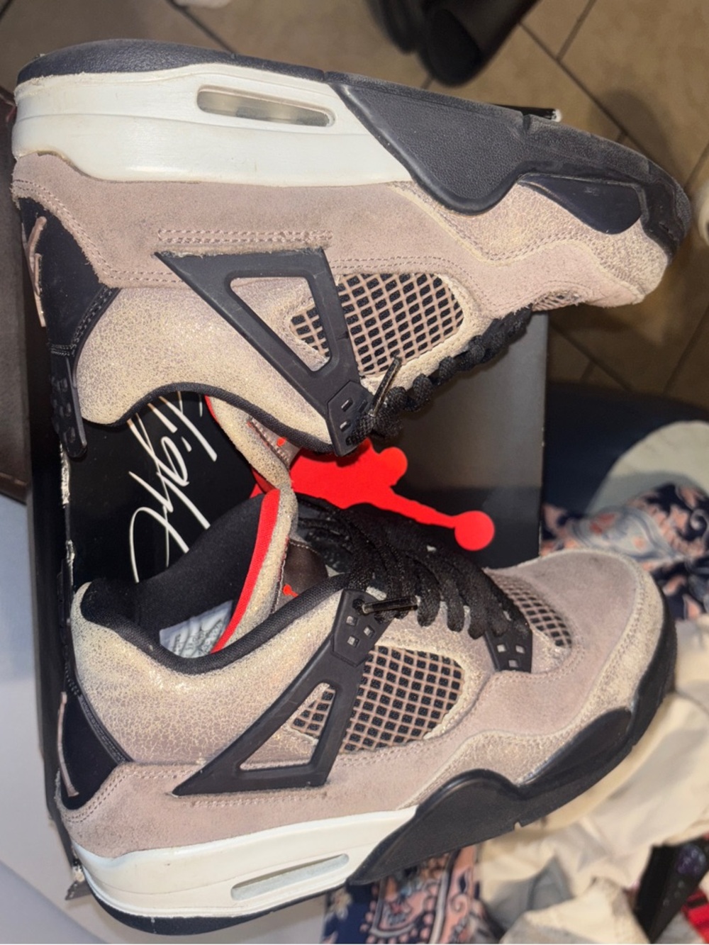 Jordan Suede Sneakers in Taupe with Black and Red Accents